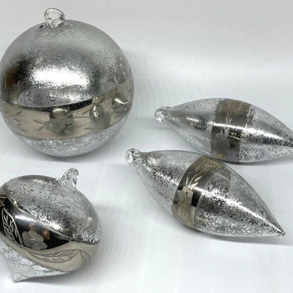 Silver Leaf Etched Hand Blown Glass Round Teardrop Christmas Ornaments Set of 4
